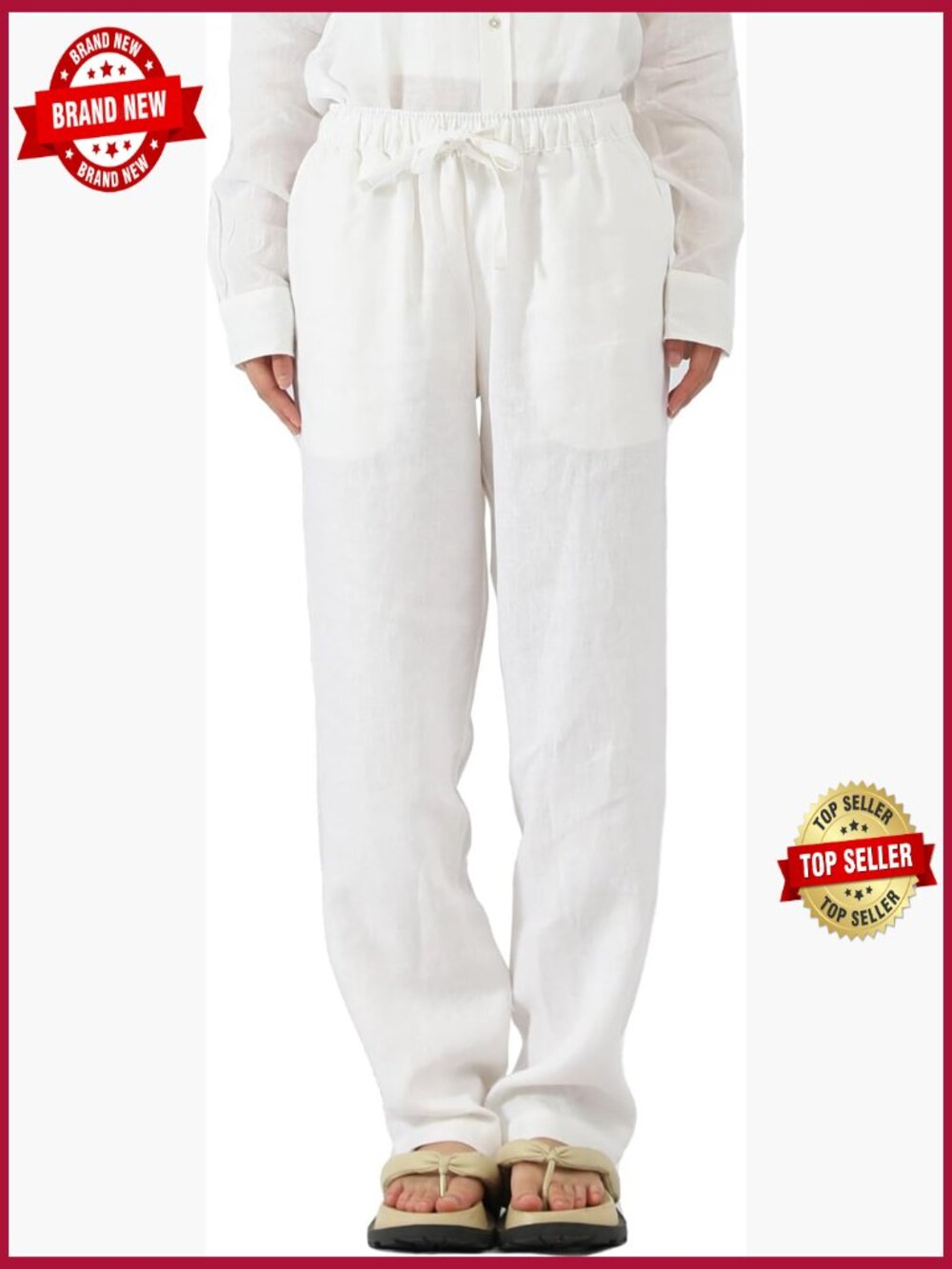 Linen Drawstring Pants Elastic Waist Relaxed Fit Casual Trousers W Pockets